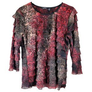Women Top Red Black and Brown Ruffled Rows Unique Blouse Size S JH920
